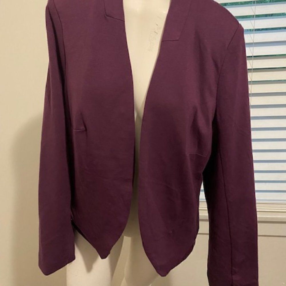 Ashley Stewart Plum open blazer with faux leather on side, size 12